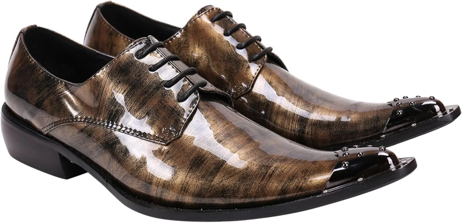 Santimon Mens Western Pointed Toe Leather Lace Up Dress Shoes Fashion Casual Metal Tip Oxford
