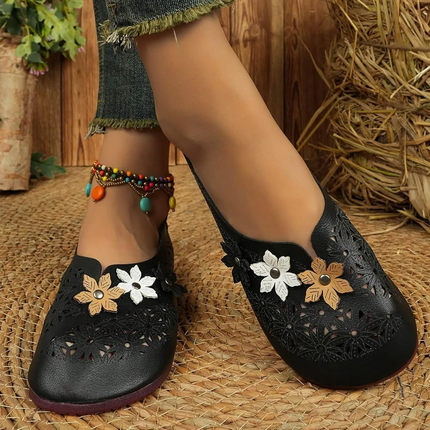 Women Floral Embellished Cute Sandal Solid Closed Toe Trendy Shoe Hollow Out Pump Flats Summer Lovely Slip on Sandals
