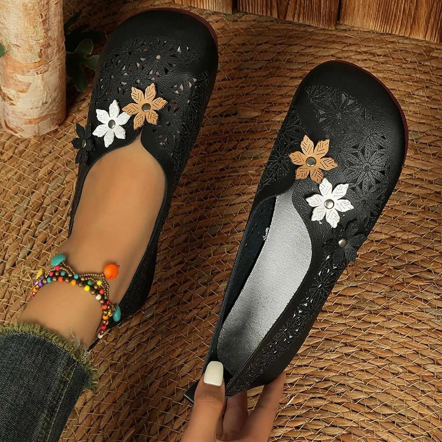 Women Floral Embellished Cute Sandal Solid Closed Toe Trendy Shoe Hollow Out Pump Flats Summer Lovely Slip on Sandals