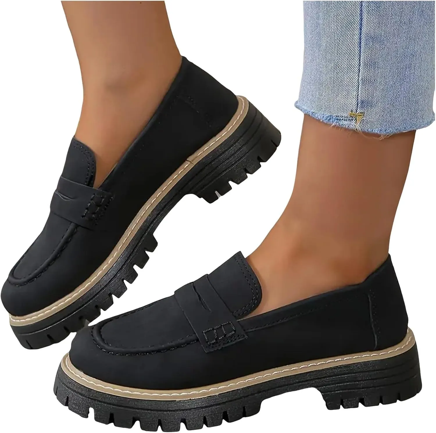Womens Loafers Comfortable Dress,Chunky Platform Penny Loafers Lug Sole Slip On Fall Shoes Work Business Casual Shoes