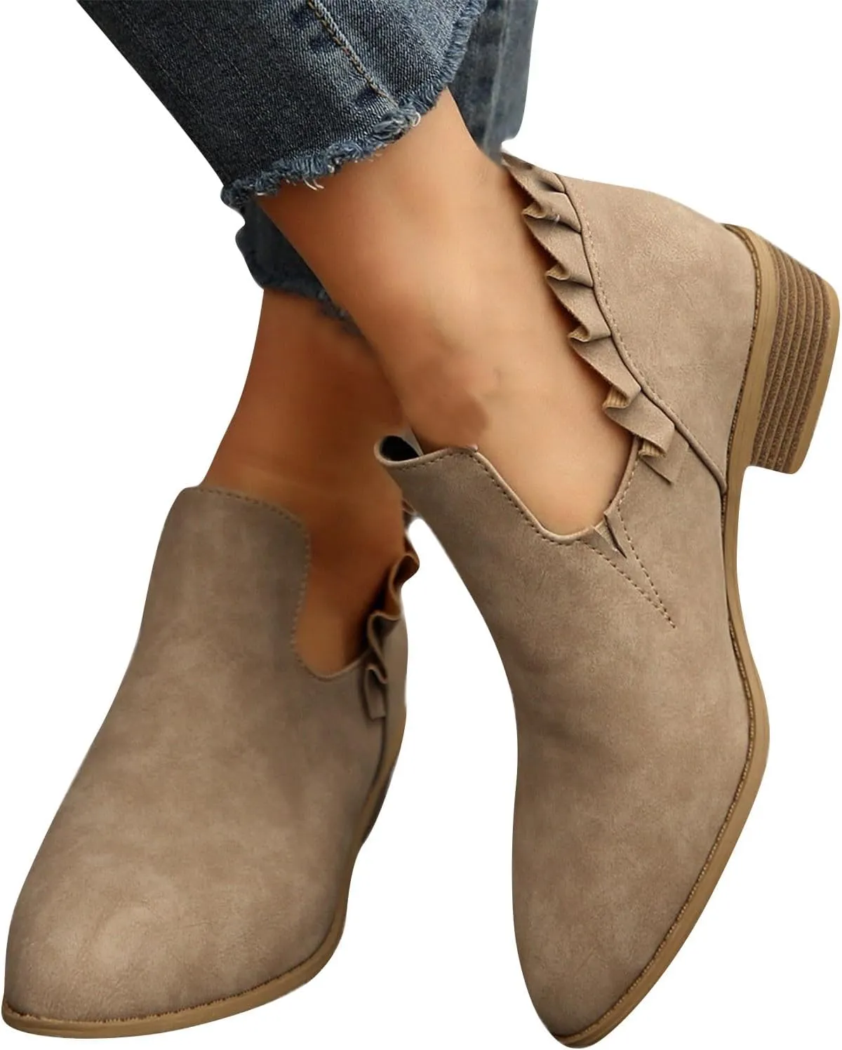 Womens Ruffled Ankle Boots V Cut Out Pointed Toe Chunky Low Heel Dressy Western Booties, Ladies Daily Footwear