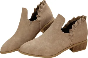 Womens Ruffled Ankle Boots V Cut Out Pointed Toe Chunky Low Heel Dressy Western Booties, Ladies Daily Footwear