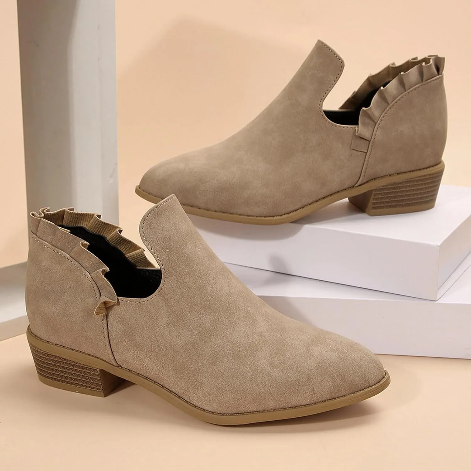 Womens Ruffled Ankle Boots V Cut Out Pointed Toe Chunky Low Heel Dressy Western Booties, Ladies Daily Footwear